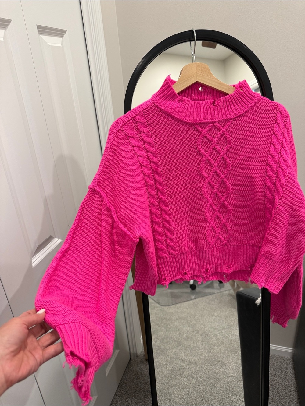 NYC Knits Cropped Cable Knit Sweater - Hot Pink